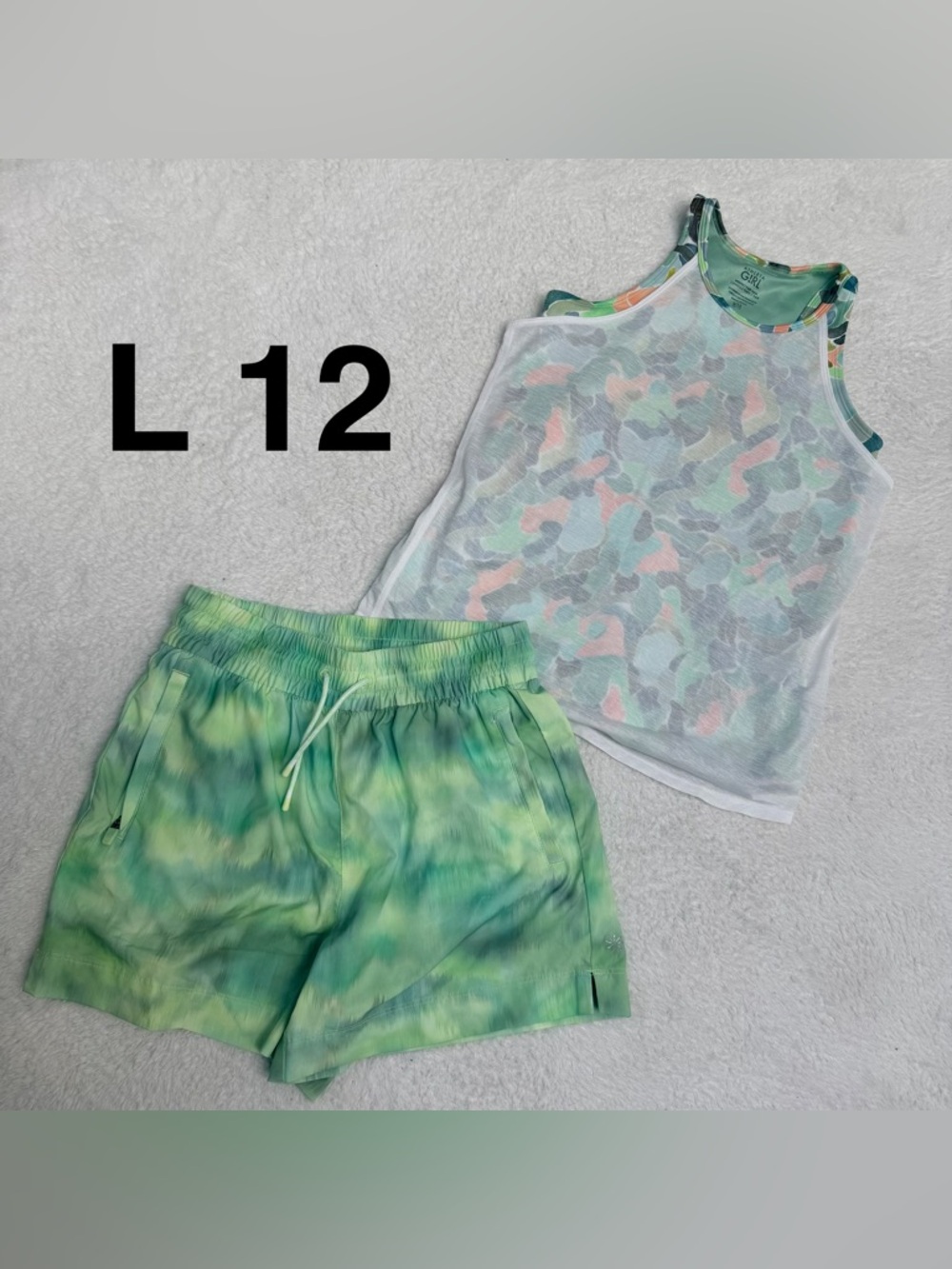 Athleta Girls Green Tie-Dye Shorts & Pastel Camo Mesh Tank Set